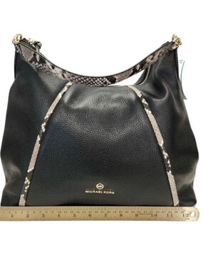 MICHAEL KORS COUTURE BLACK PEBBLE LEATHER WITH SNAKE PRINT HOBO BAG & WALLET EUC